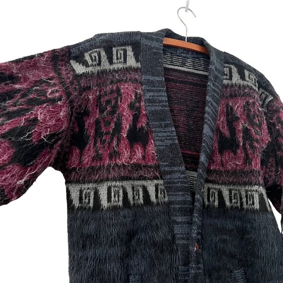 Womens Black Burgundy Alpaca Wool Blend Furry Greek Key Boho Cardigan Size L - Picture 5 of 5
